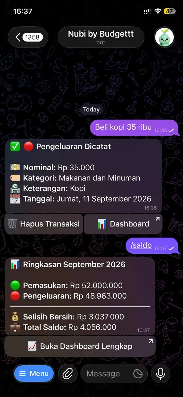 Ringkasan saldo dan pengeluaran di chat